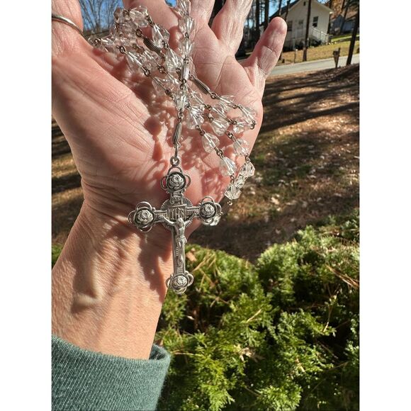 Vintage AFCO Sterling Silver Crucifix with Clear Faceted Crystal Beads Rosary - Picture 2 of 10